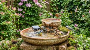 tento dvoufázový ptačí koupelník z amazonu poskytuje ptákům osvěžení během sucha a zároveň krásně zdobí vaše popínavé rostliny.